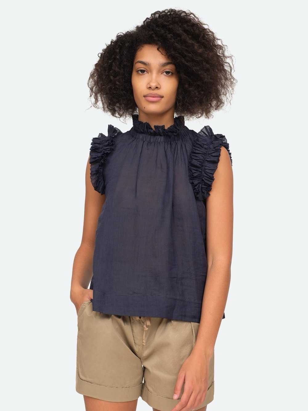Sea New York Lucy Tank Navy Sleeveless Blouse Ruffle Trim Back Buttons Blue